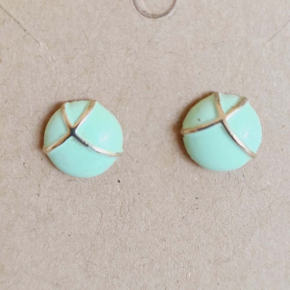 Mint Green Stud Earrings with Gold Tone Geometric Accent Women's Pre-Owned‎